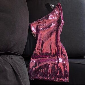 Pink Sequin One-Shoulder Dress